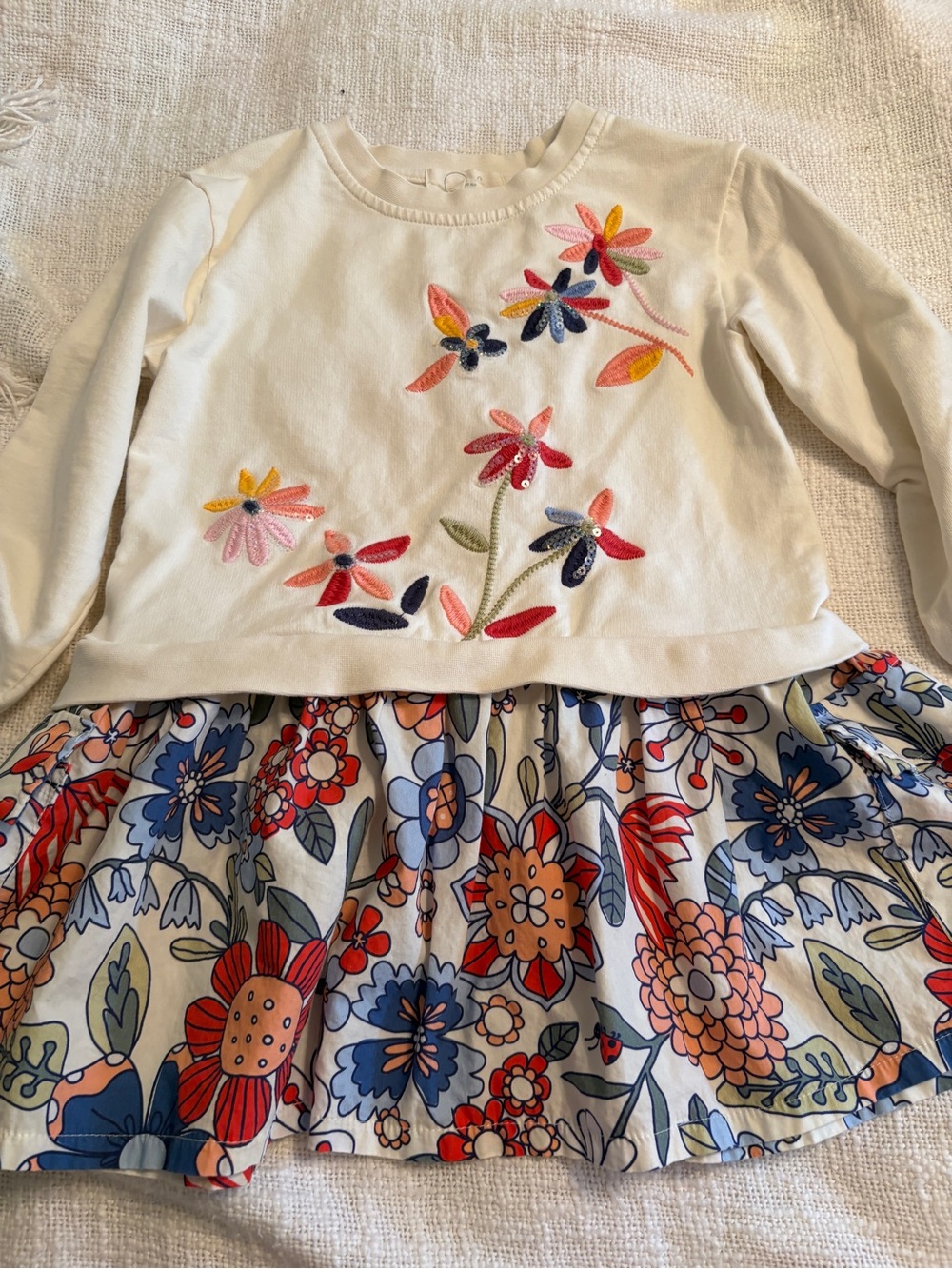 Girls Peek Floral Embroidered Dress Top in Cream with Multicolor Skirt size 4/5